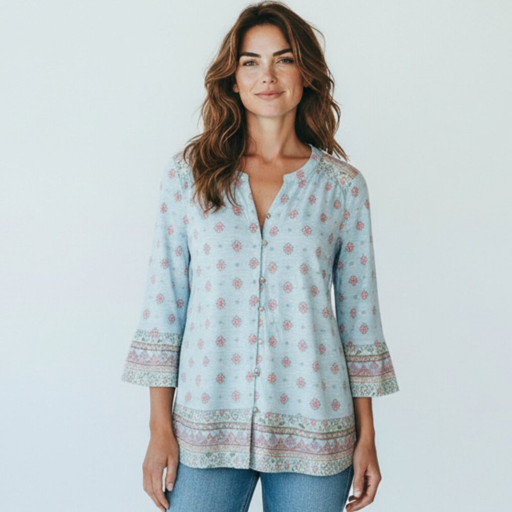 New Directions Floral Top Ruffle Bell 3/4 Sleeves Women's Size Small NWT NEW